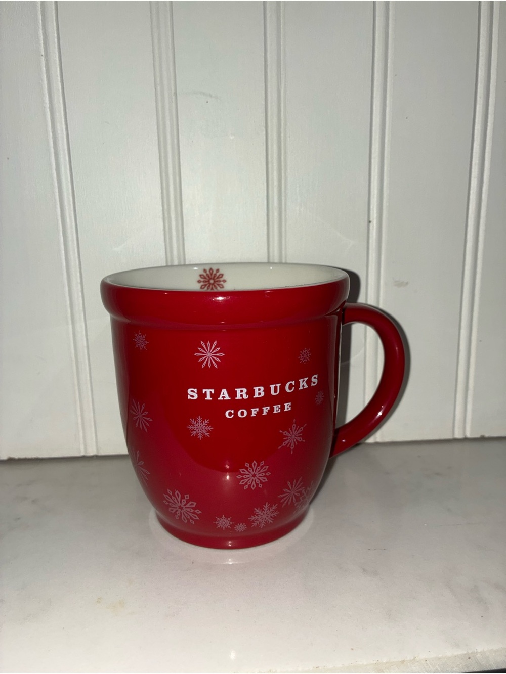 Vintage 2008/2009 Starbucks Red AbbySnowflake Ceramic Coffee Mug with White Logo
